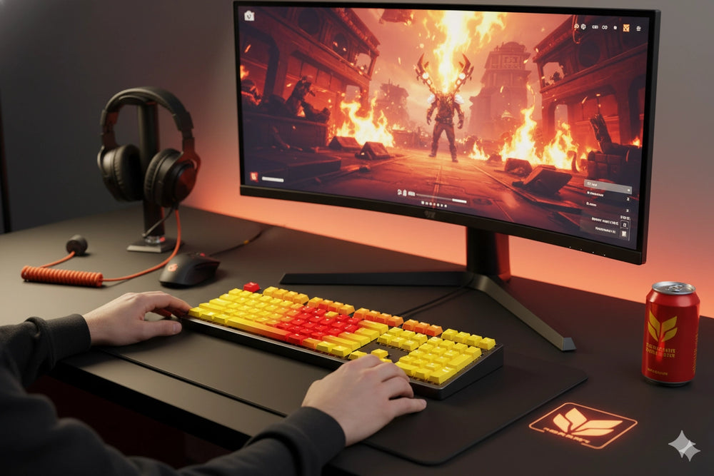 Blazing Dawn keyboard side view – MOA keycaps, hot-swap