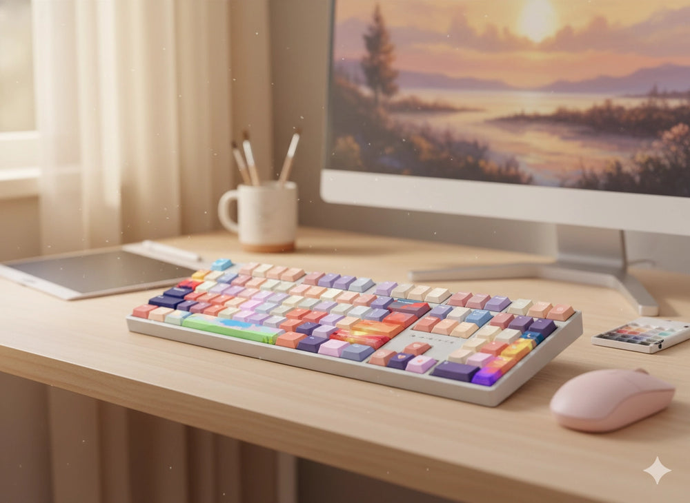 Colorful Cloud Journey keyboard side view – MOA keycaps, hot-swap
