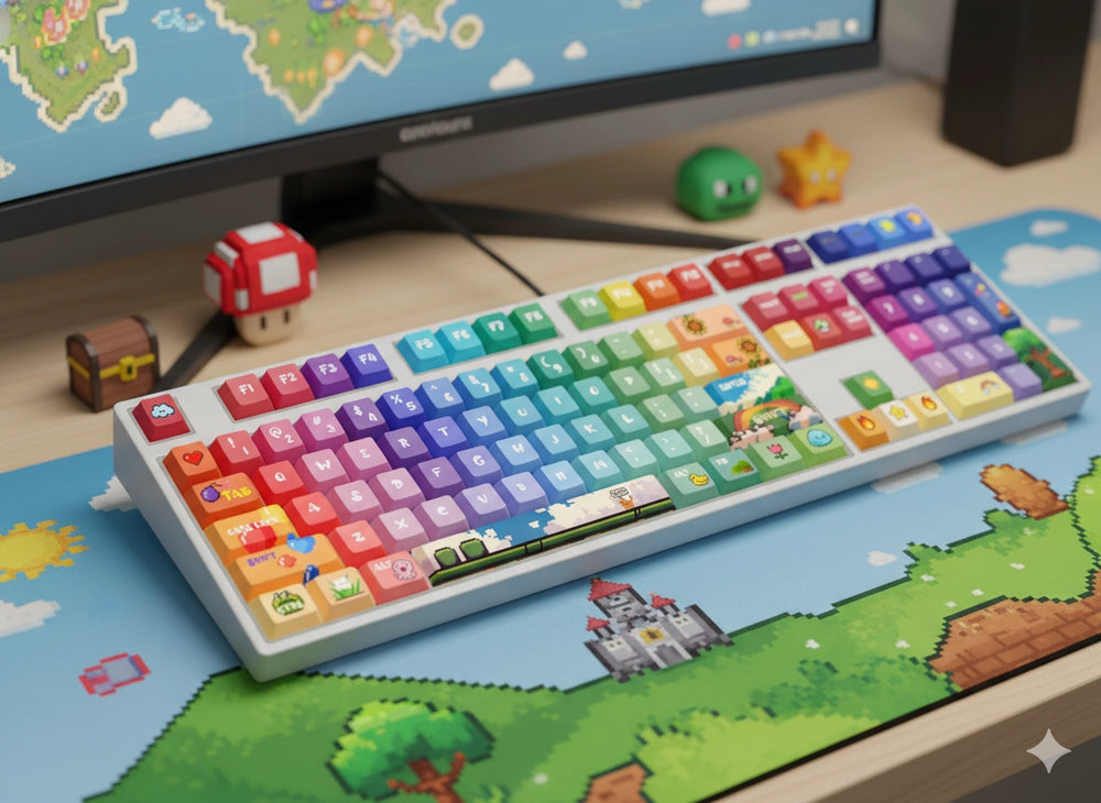 Pixel Rainbow keycap close-up – dye-sub legends, MOA profile