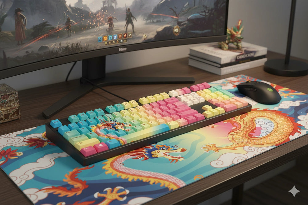 Rainbow Dragon keyboard side view – MOA keycaps, hot-swap