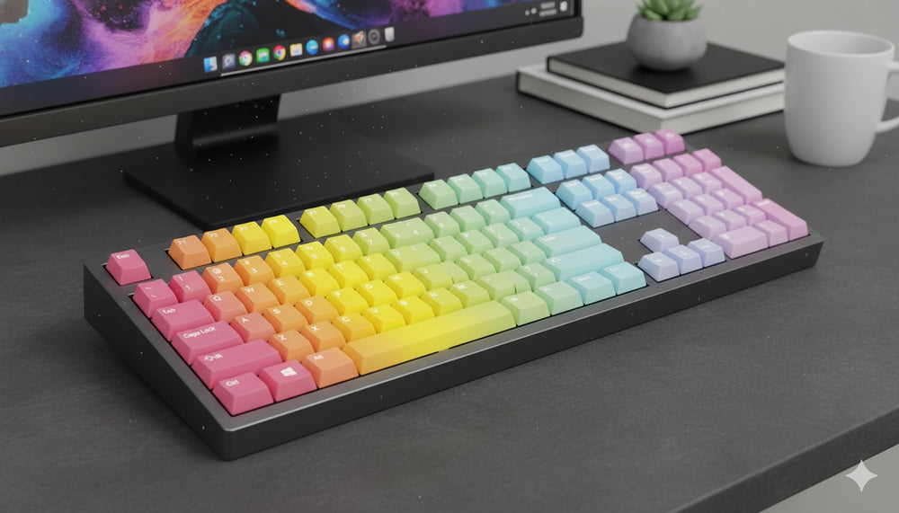 Rainbow Gradient keyboard side view – MOA keycaps, hot-swap