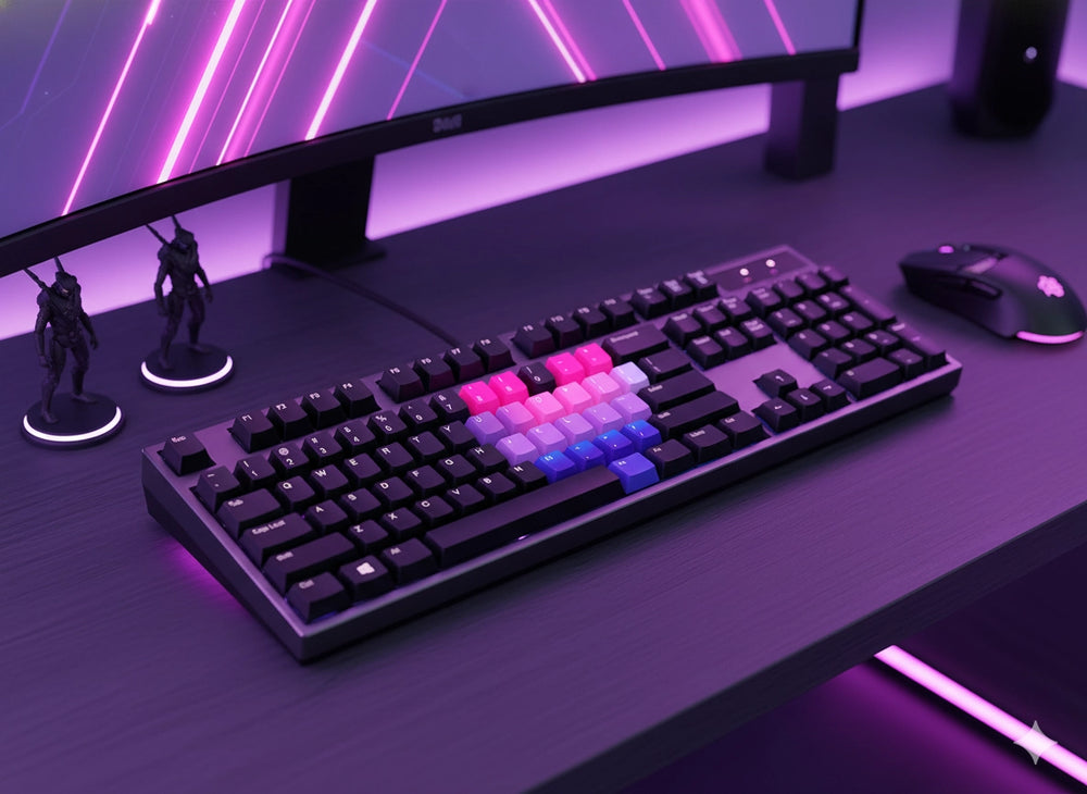 Rainbow Heart keyboard side view – MOA keycaps, hot-swap