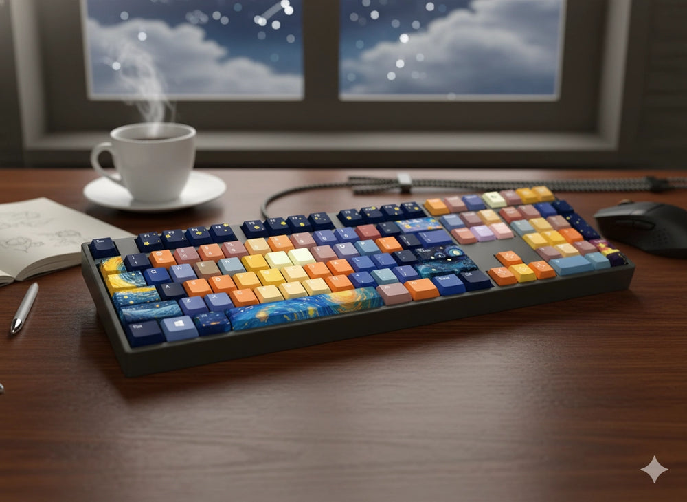 Van Gogh's Starry Night keycap close-up – dye-sub legends, MOA profile