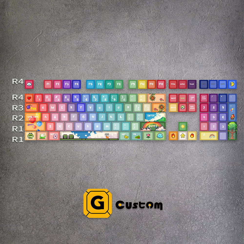 Pixel Rainbow keyboard keycap detail – dye-sub, MOA profile