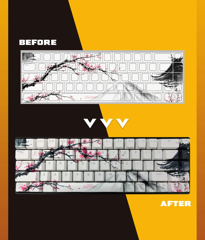 Before-and-after comparison of custom keycaps featuring pink cherry blossoms and a black ink landscape.