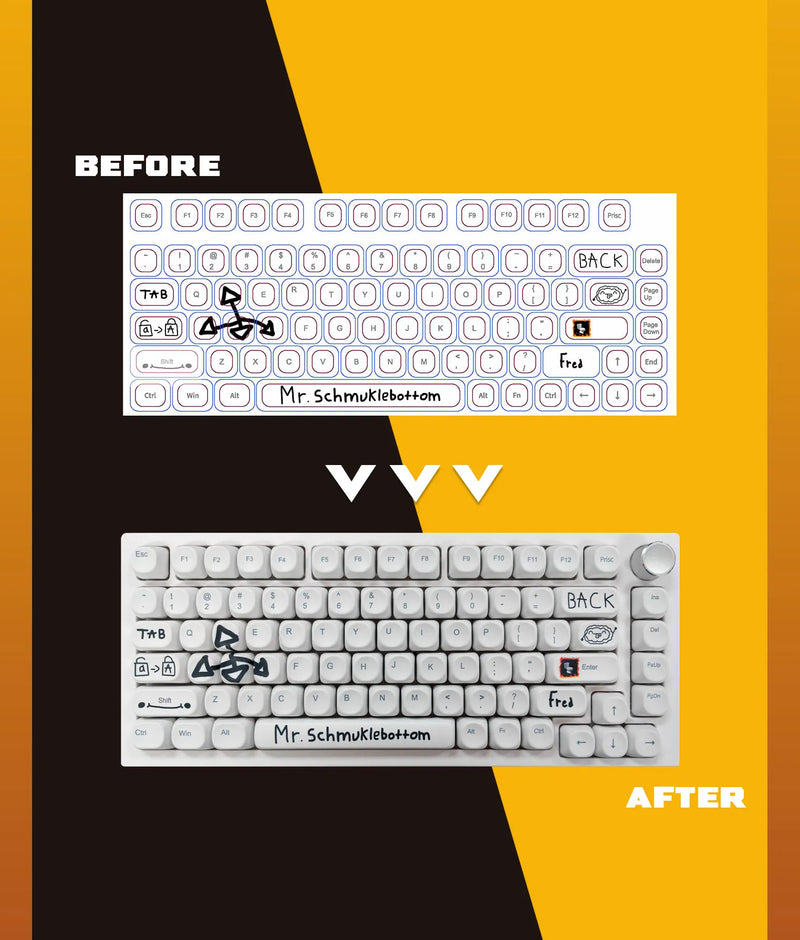 Before-and-after comparison of white custom keycaps with hand-drawn lettering and doodles on a compact keyboard.