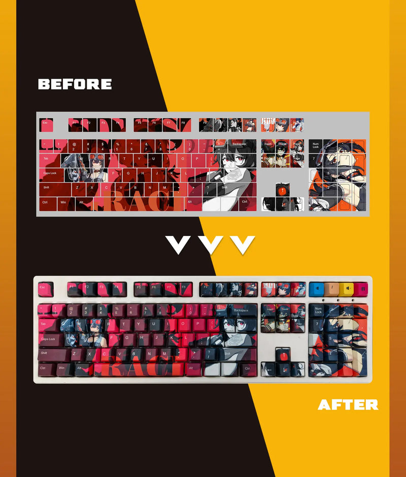 Before-and-after comparison of red and black anime-themed custom keycaps on a full-size keyboard.