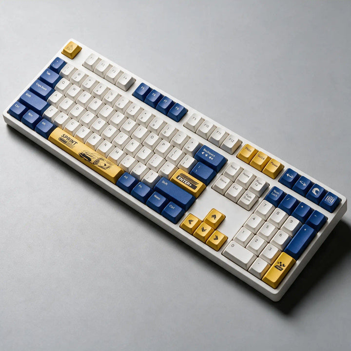GimsunCustom Sprint Rush 100% wireless keyboard angled side view showing blue and yellow accent keycaps with Sprint racing spacebar