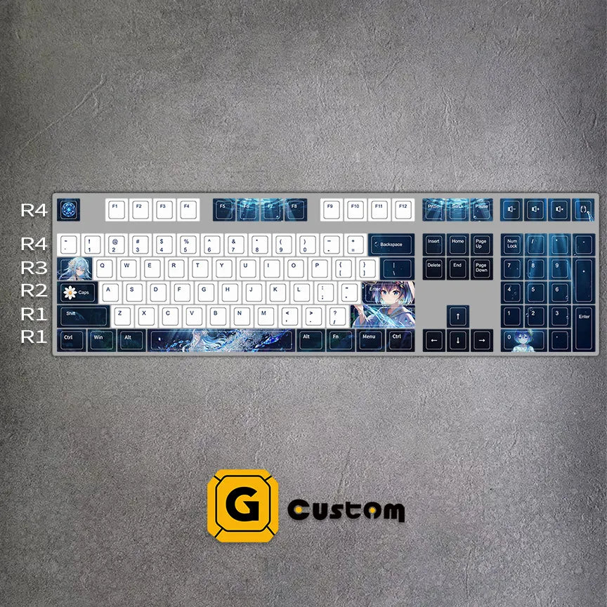 Anime mechanical keyboard with navy and white PBT keycaps on wooden desk, featuring dye-sublimation anime character artwork