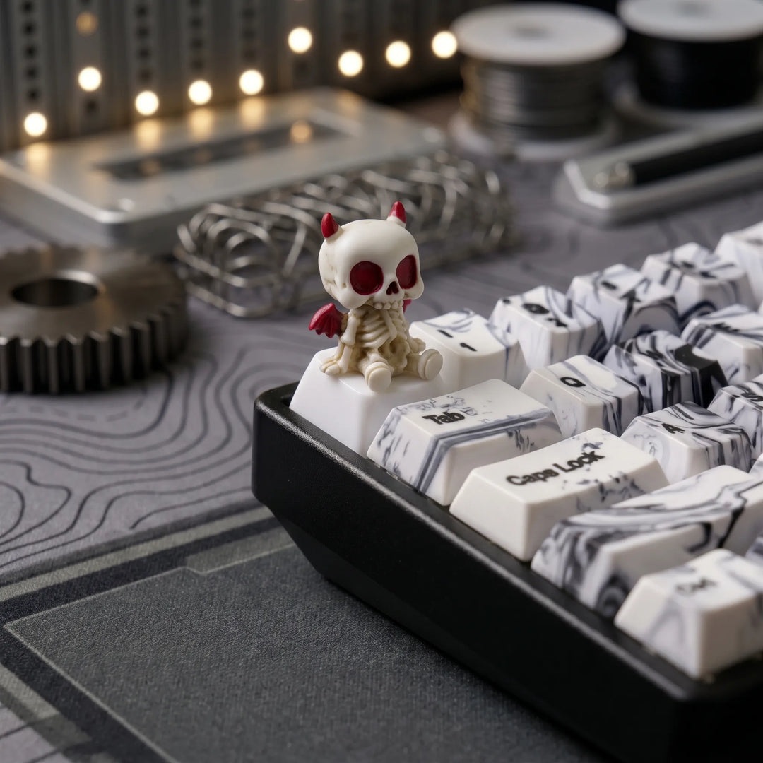 Halloween Devil skeleton artisan keycap with red horns on a white custom keyboard