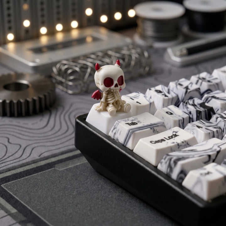 Halloween Devil skeleton artisan keycap with red horns on a white custom keyboard
