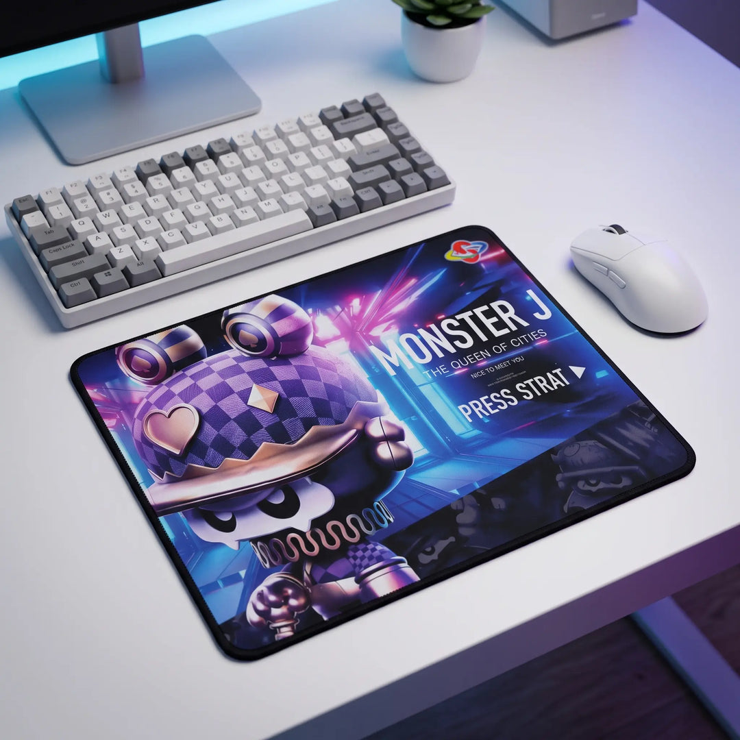Custom printed mouse pad with a purple cartoon character and neon artwork on a white gaming desk