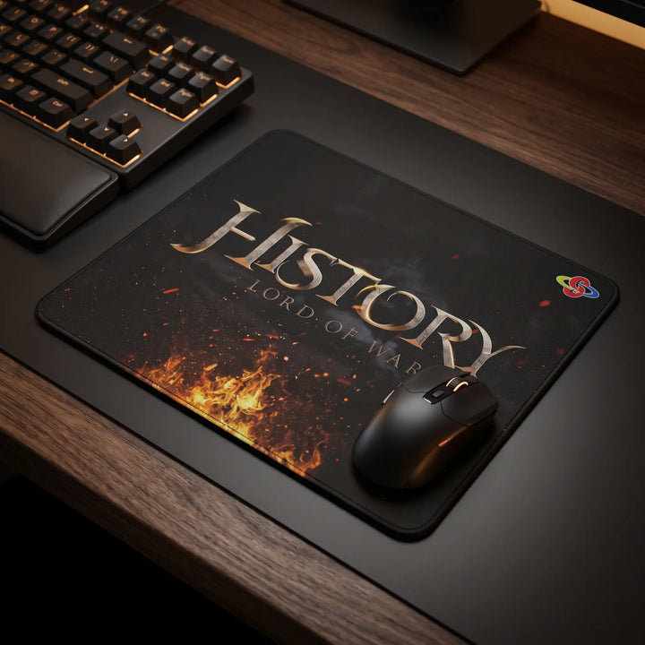 Custom gaming mouse pad with History Lord of War lettering and flame artwork on a dark desk