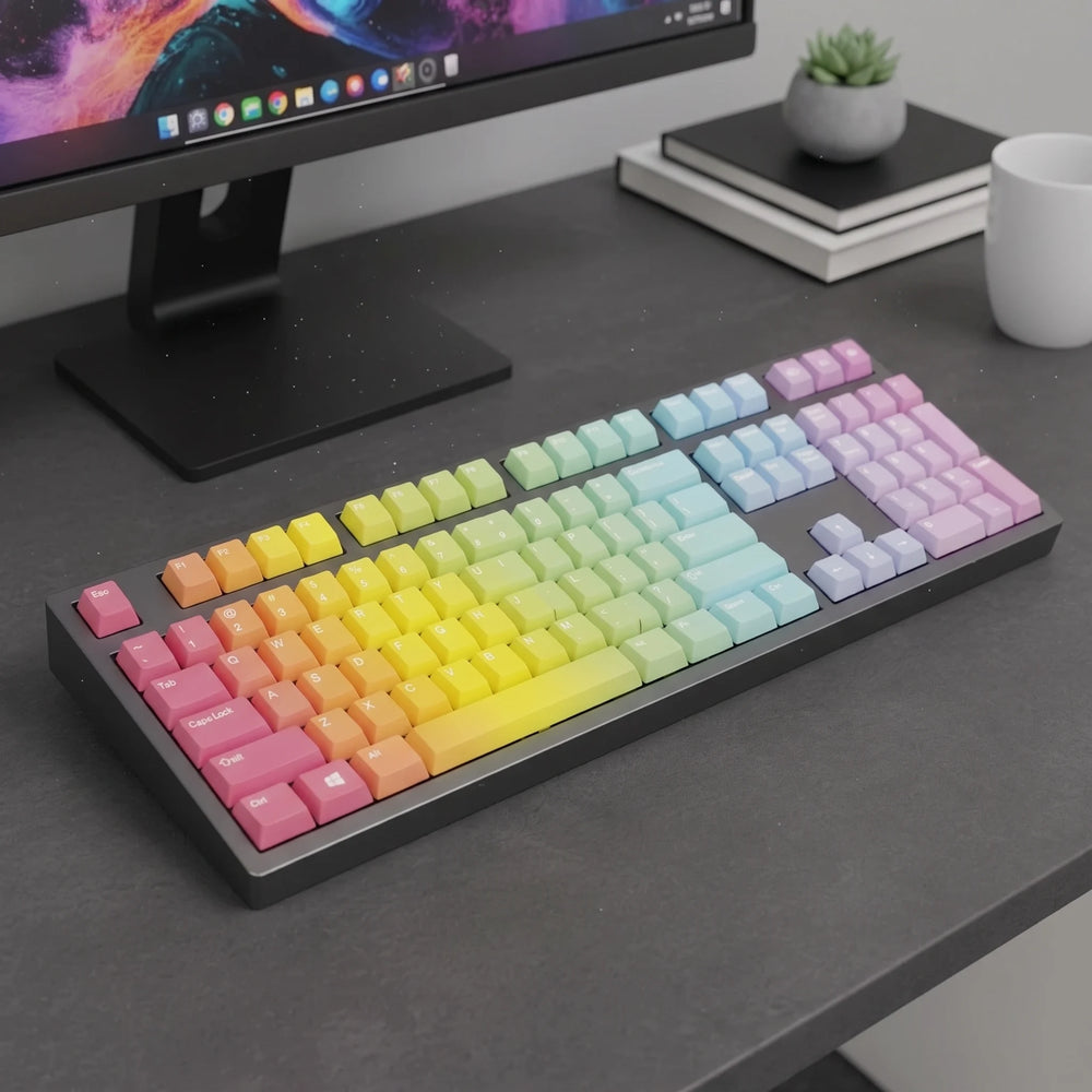 Rainbow gradient PBT keycaps on a full-size black keyboard, angled view on a dark gray desk