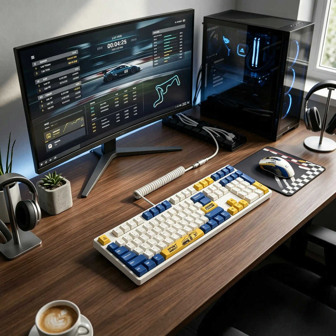 GimsunCustom Sprint Rush mechanical keyboard on a gaming desk setup with dual monitors, PC tower, headphones and coffee