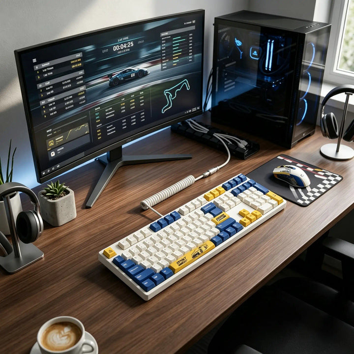 GimsunCustom Sprint Rush mechanical keyboard on a gaming desk setup with dual monitors, PC tower, headphones and coffee