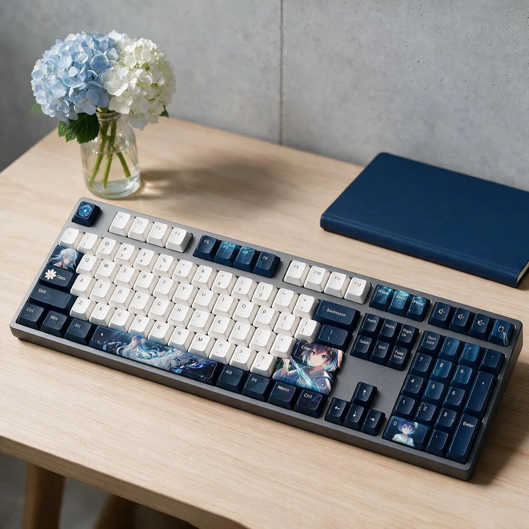 Anime-themed full-size mechanical keyboard displayed on desk with lamp and headphones, navy white colorway