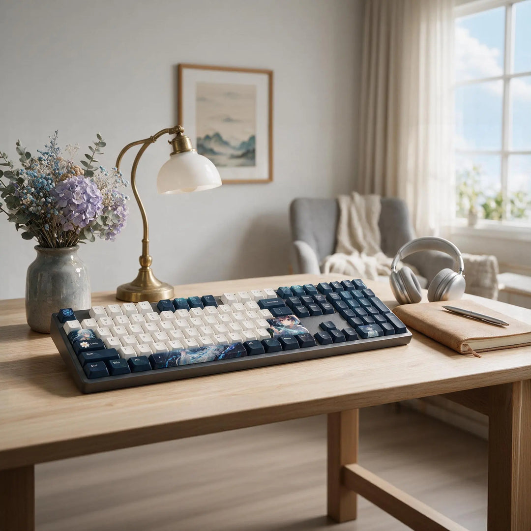 108-key anime mechanical keyboard top view, Cherry profile PBT keycaps with anime illustration on spacebar and accent keys