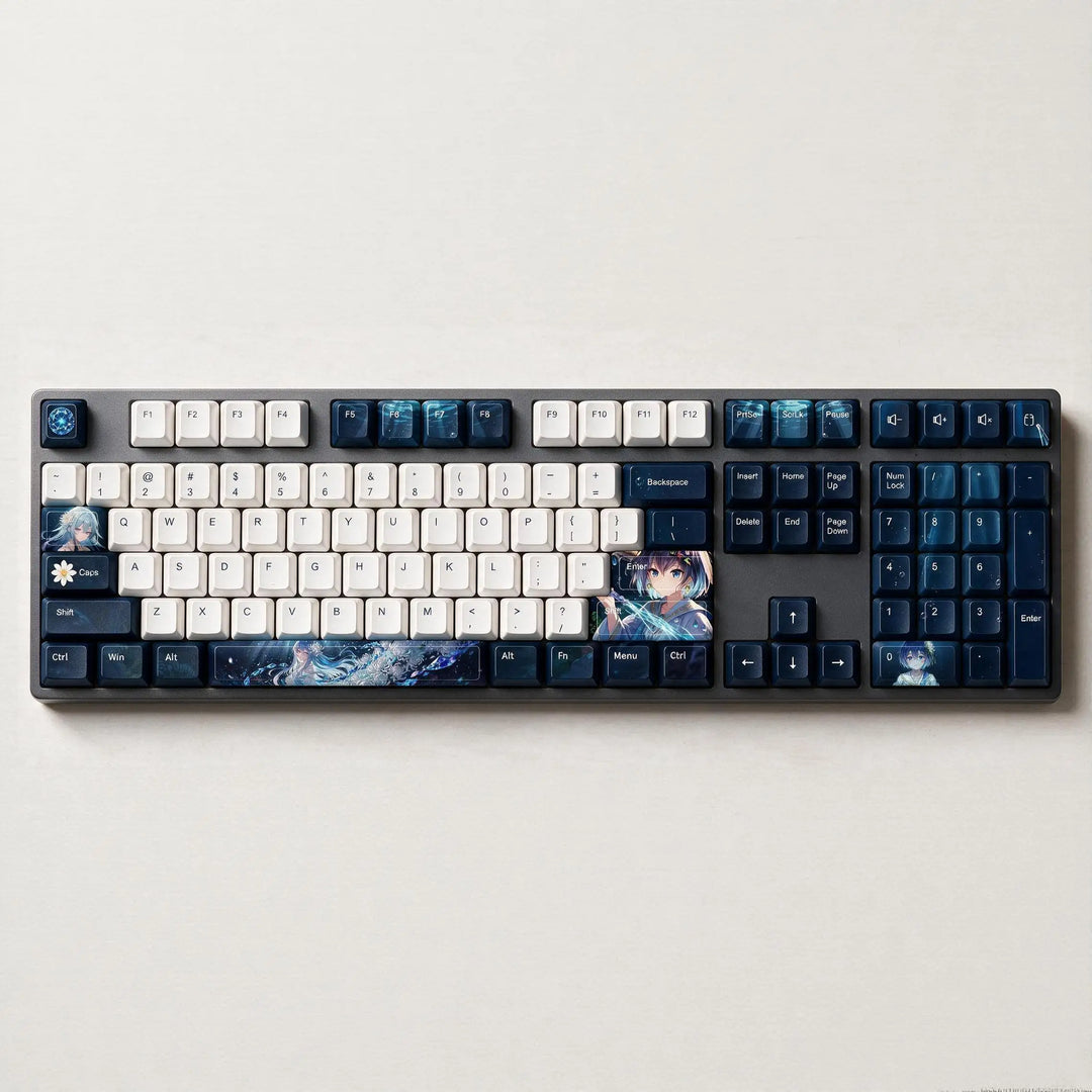 Gimsun Custom anime keyboard Cherry profile layout diagram R1-R4 rows, navy white dye-sublimation keycap set