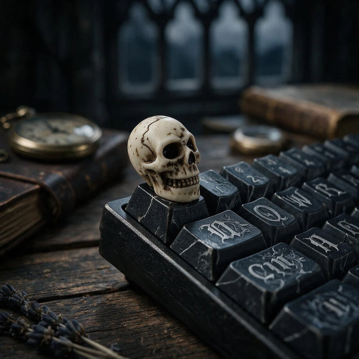 Halloween Laughing Mummy artisan keycap on a black Egyptian-style mechanical keyboard