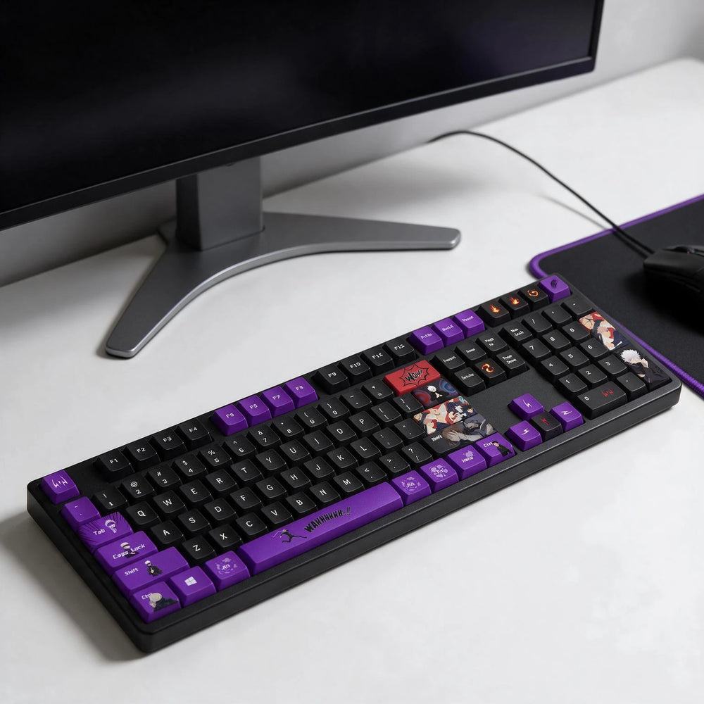 Jujutsu Kaisen keycaps on a full-size black keyboard with purple accents, angled view on a white desk