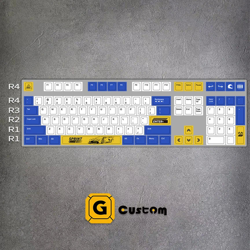 GimsunCustom Sprint Rush 100% ANSI 108-key keyboard layout diagram showing blue, white and yellow PBT keycaps with Sprint racing car spacebar design