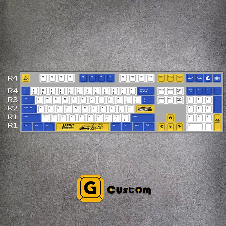 GimsunCustom Sprint Rush 100% ANSI 108-key keyboard layout diagram showing blue, white and yellow PBT keycaps with Sprint racing car spacebar design
